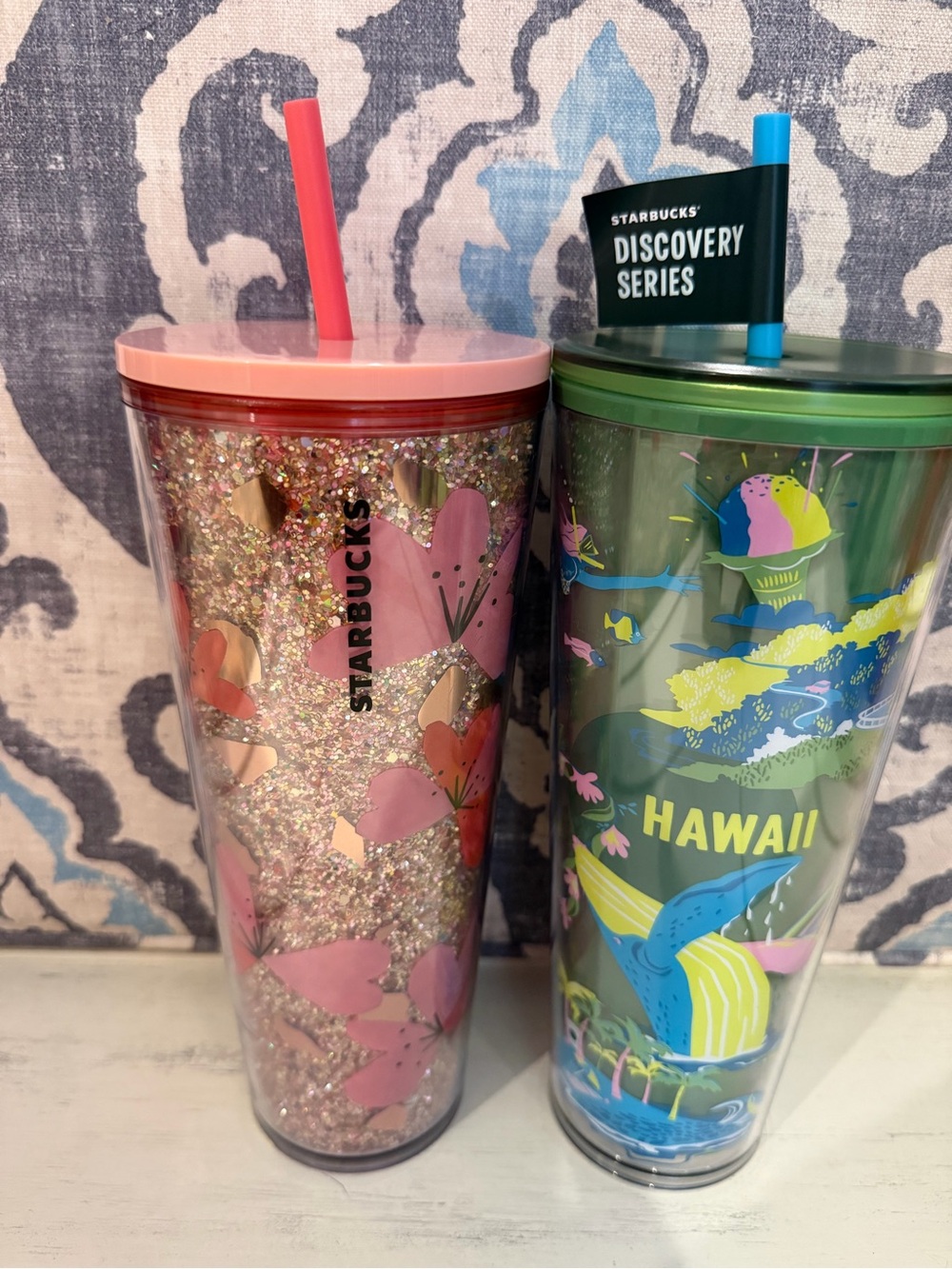 Starbucks Pink Glitter Floral Tumbler with Pink Lid and Straw